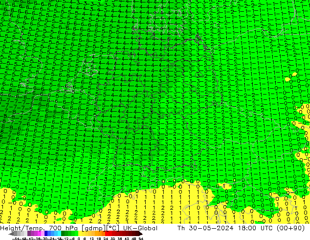 Height/Temp. 700 hPa UK-Global Qui 30.05.2024 18 UTC