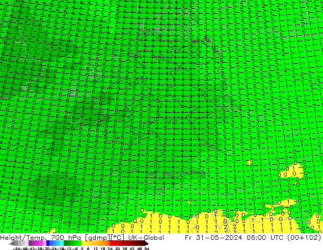 Height/Temp. 700 hPa UK-Global  31.05.2024 06 UTC