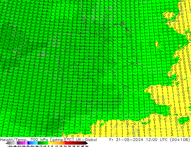 Height/Temp. 700 hPa UK-Global pt. 31.05.2024 12 UTC