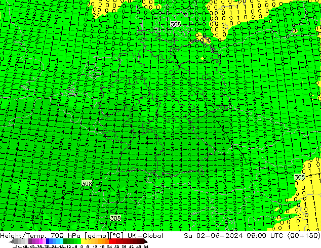 Height/Temp. 700 hPa UK-Global  02.06.2024 06 UTC