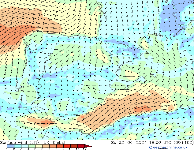Surface wind (bft) UK-Global Su 02.06.2024 18 UTC