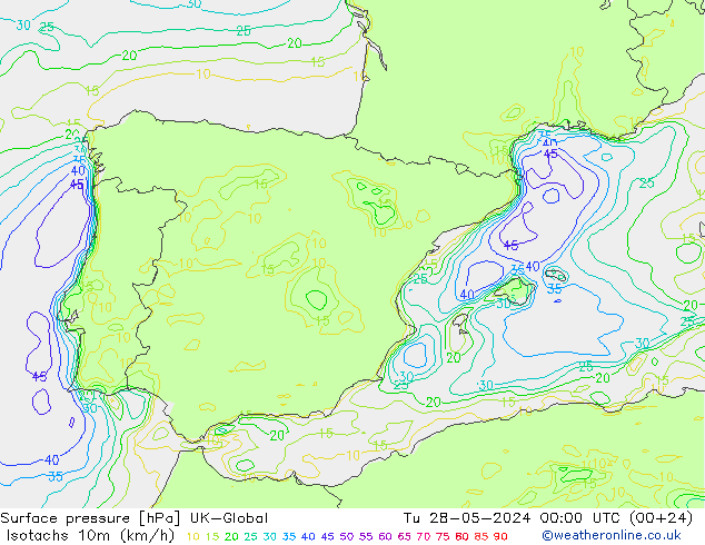 Isotachs (kph) UK-Global вт 28.05.2024 00 UTC