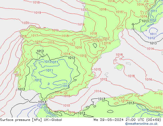 Surface pressure UK-Global We 29.05.2024 21 UTC