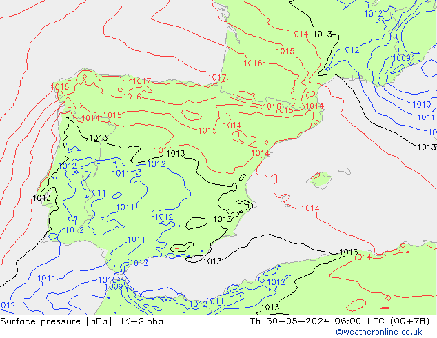 Atmosférický tlak UK-Global Čt 30.05.2024 06 UTC