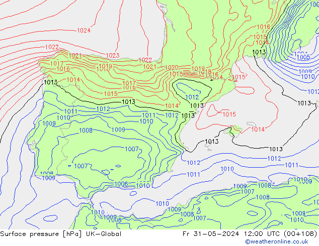 Presión superficial UK-Global vie 31.05.2024 12 UTC