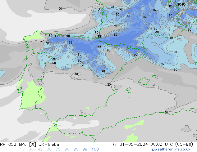 RH 850 hPa UK-Global Fr 31.05.2024 00 UTC