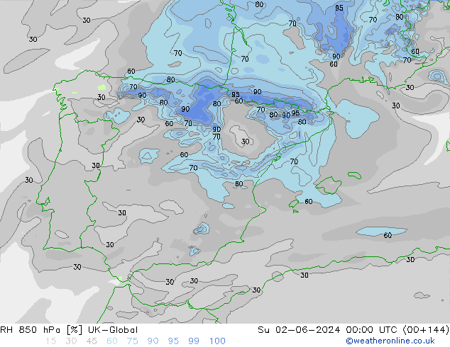 RH 850 гПа UK-Global Вс 02.06.2024 00 UTC