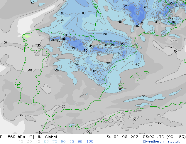 RH 850 hPa UK-Global Ne 02.06.2024 06 UTC
