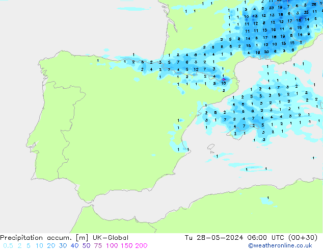 Precipitation accum. UK-Global Ter 28.05.2024 06 UTC