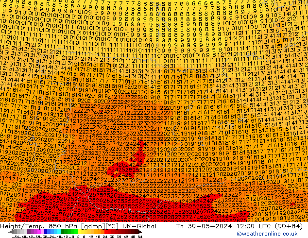 Height/Temp. 850 hPa UK-Global Čt 30.05.2024 12 UTC