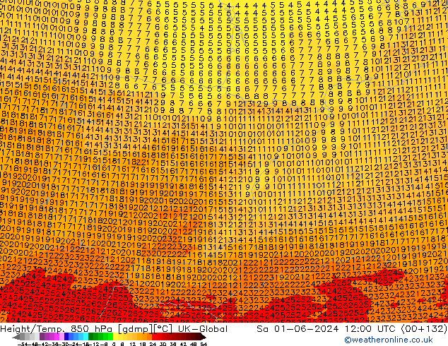 Height/Temp. 850 гПа UK-Global сб 01.06.2024 12 UTC