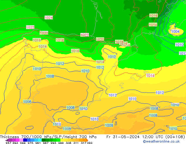 Thck 700-1000 hPa UK-Global Pá 31.05.2024 12 UTC