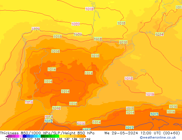 Thck 850-1000 hPa UK-Global śro. 29.05.2024 12 UTC