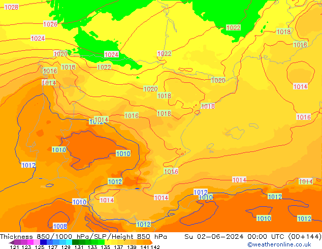 Schichtdicke 850-1000 hPa UK-Global So 02.06.2024 00 UTC