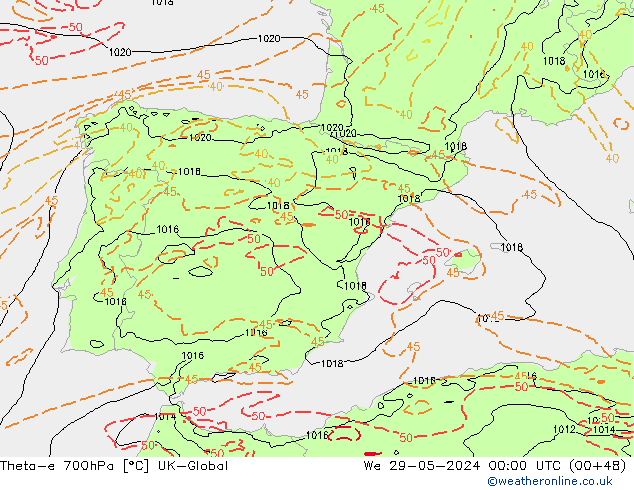Theta-e 700hPa UK-Global We 29.05.2024 00 UTC