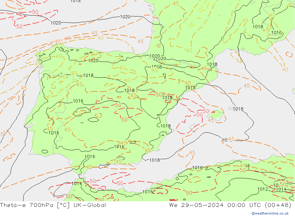 Theta-e 700hPa UK-Global Çar 29.05.2024 00 UTC