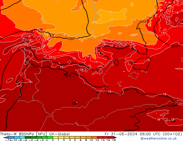 Theta-W 850hPa UK-Global Cu 31.05.2024 06 UTC
