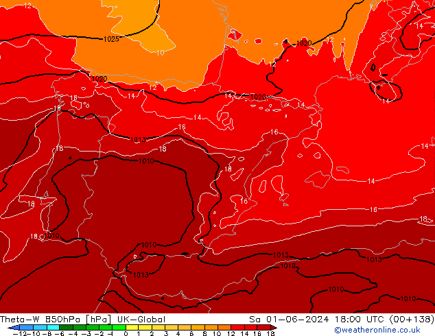 Theta-W 850hPa UK-Global Sa 01.06.2024 18 UTC