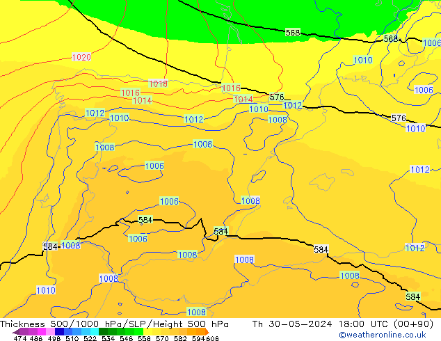 Thck 500-1000hPa UK-Global gio 30.05.2024 18 UTC