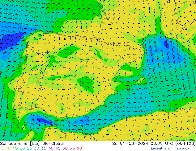 Wind 10 m UK-Global za 01.06.2024 06 UTC