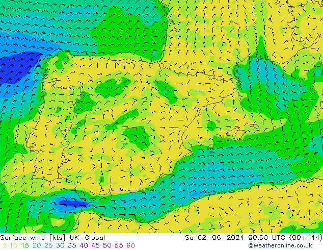 Viento 10 m UK-Global dom 02.06.2024 00 UTC