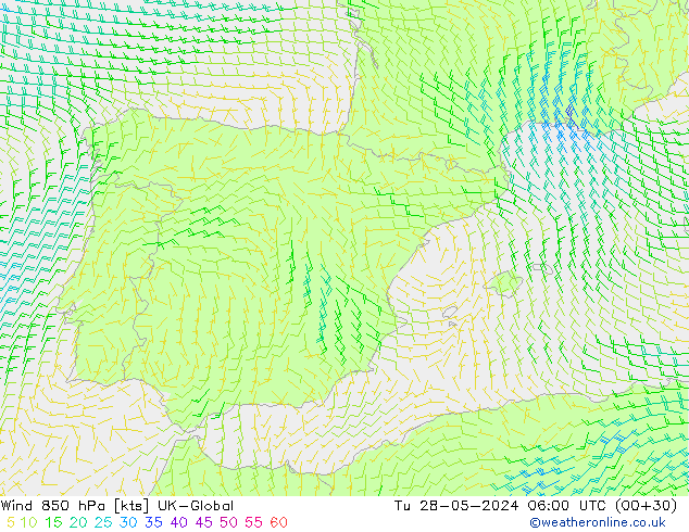 Wind 850 hPa UK-Global Út 28.05.2024 06 UTC