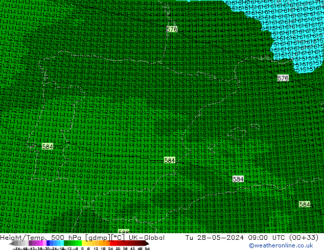 Height/Temp. 500 hPa UK-Global  28.05.2024 09 UTC