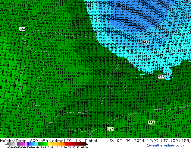 Height/Temp. 500 hPa UK-Global Dom 02.06.2024 12 UTC