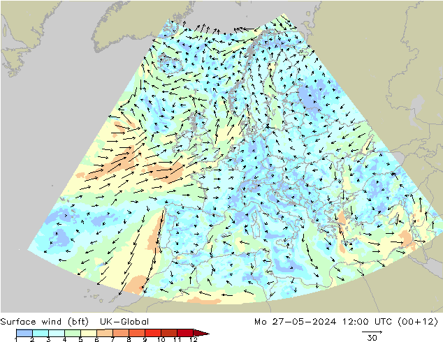 Wind 10 m (bft) UK-Global ma 27.05.2024 12 UTC