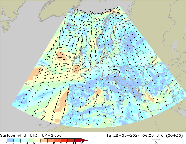Surface wind (bft) UK-Global Tu 28.05.2024 06 UTC