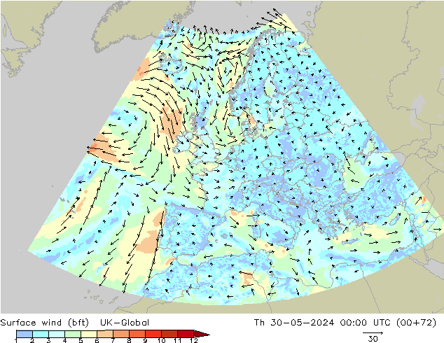 Viento 10 m (bft) UK-Global jue 30.05.2024 00 UTC