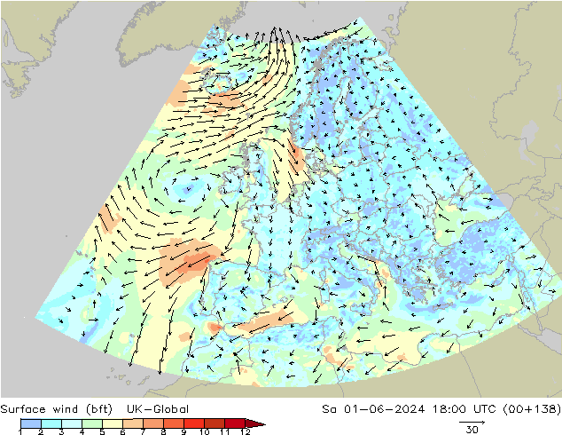 Wind 10 m (bft) UK-Global za 01.06.2024 18 UTC