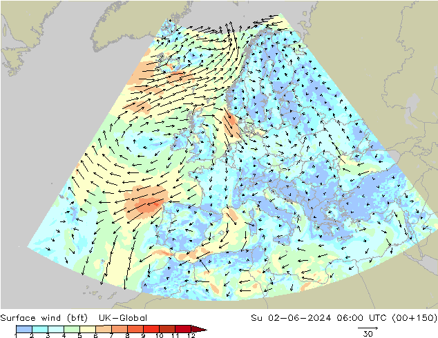 wiatr 10 m (bft) UK-Global nie. 02.06.2024 06 UTC