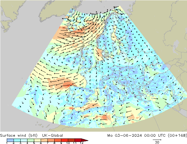 Surface wind (bft) UK-Global Mo 03.06.2024 00 UTC