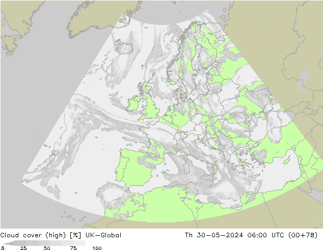 Cloud cover (high) UK-Global Th 30.05.2024 06 UTC