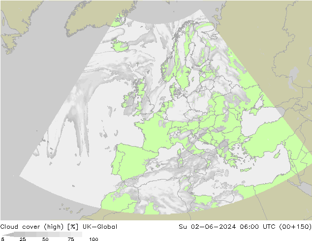 Cloud cover (high) UK-Global Su 02.06.2024 06 UTC