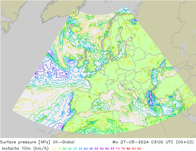 Isotachs (kph) UK-Global lun 27.05.2024 03 UTC