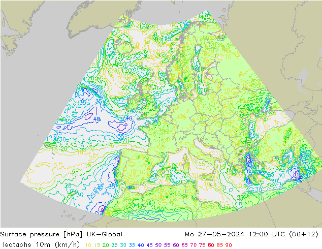 Isotachen (km/h) UK-Global Mo 27.05.2024 12 UTC