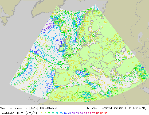 Isotachs (kph) UK-Global Th 30.05.2024 06 UTC