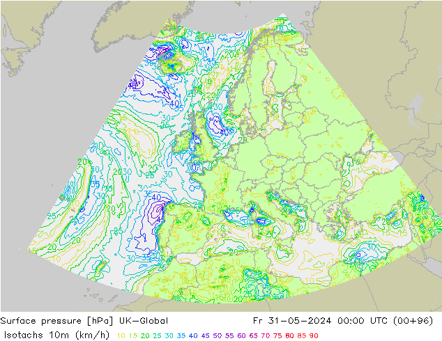 Isotachs (kph) UK-Global ven 31.05.2024 00 UTC