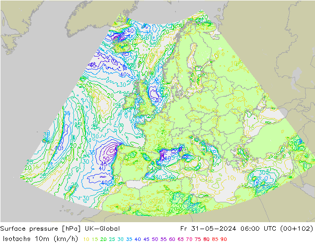 Isotachen (km/h) UK-Global vr 31.05.2024 06 UTC