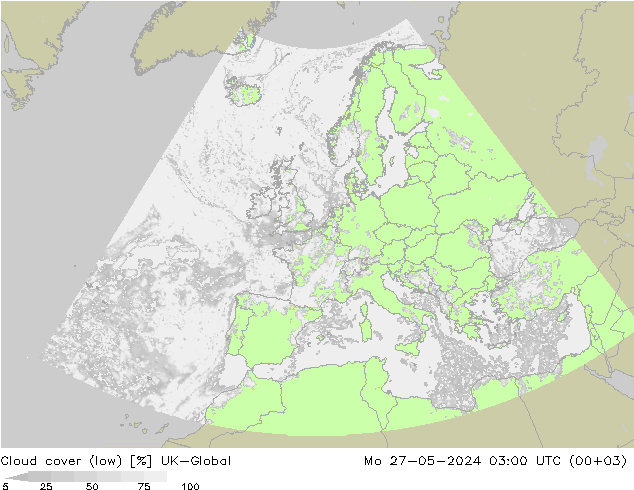 Cloud cover (low) UK-Global Mo 27.05.2024 03 UTC