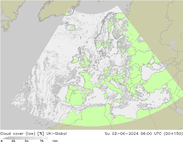 Cloud cover (low) UK-Global Su 02.06.2024 06 UTC