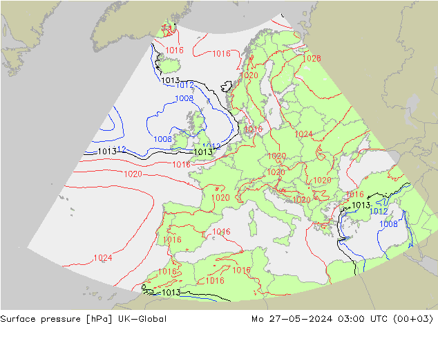 Surface pressure UK-Global Mo 27.05.2024 03 UTC