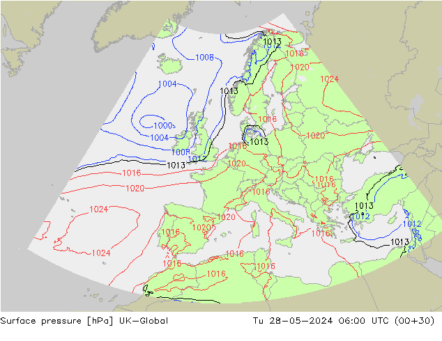 Surface pressure UK-Global Tu 28.05.2024 06 UTC