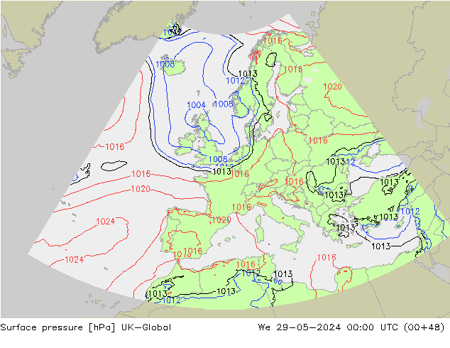 Surface pressure UK-Global We 29.05.2024 00 UTC