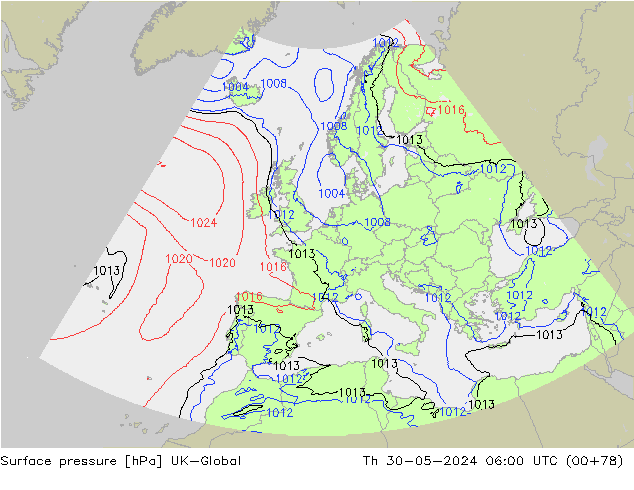 Surface pressure UK-Global Th 30.05.2024 06 UTC