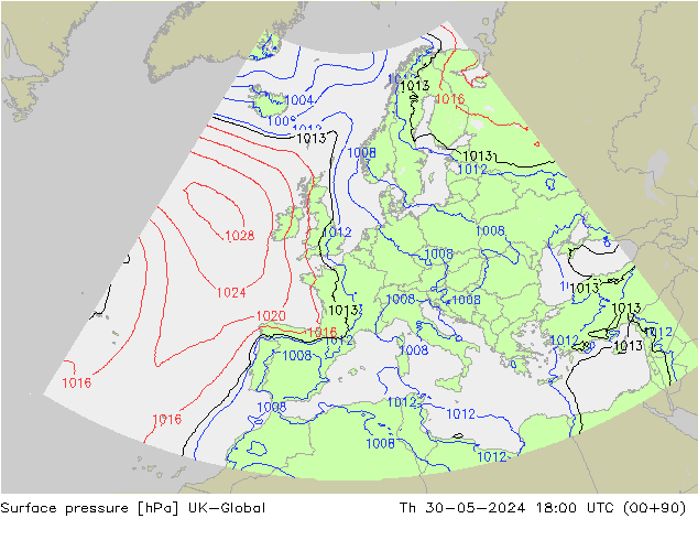 Surface pressure UK-Global Th 30.05.2024 18 UTC