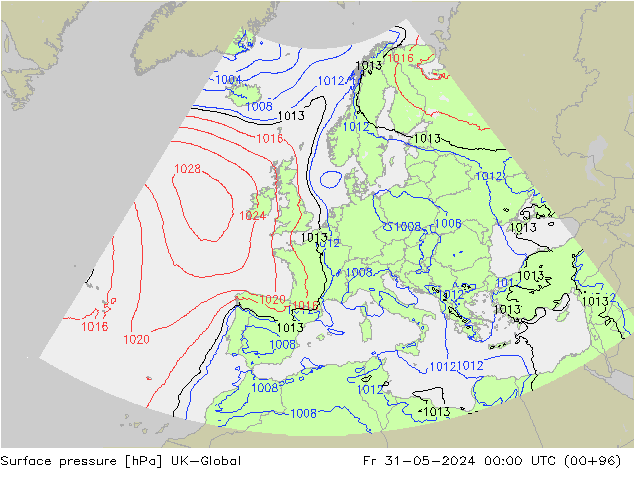 Pressione al suolo UK-Global ven 31.05.2024 00 UTC