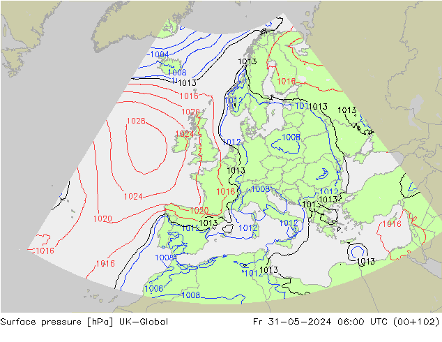 Surface pressure UK-Global Fr 31.05.2024 06 UTC